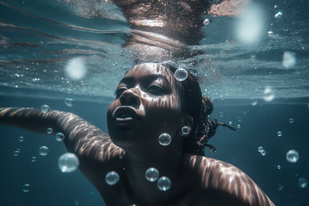 African american woman swims underwater in the sea. Generative AI. Generative AIの素材