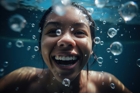 African american woman swims underwater in the sea. Generative AI. Generative AIの素材