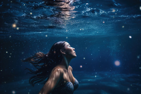 Attractive woman swims deep underwater. Generative AI.の素材
