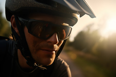 Close up portrait of cyclist in bicycle helmet and sunglassesの素材