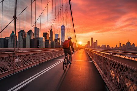Cyclist riding a bike on an open road city scape to the sunsetの素材