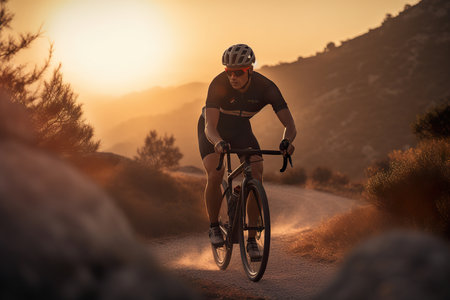 Cyclist riding a bike on an open road to the sunsetの素材