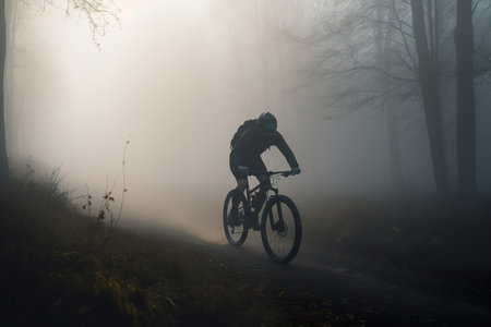 Cyclist riding a bike on an open road on foggy weahter in forestの素材