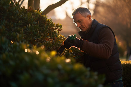 Gardener take care of plants outdoor in garden