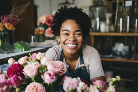 African american florist woman makes a flowers bouquet in floral shopの写真素材