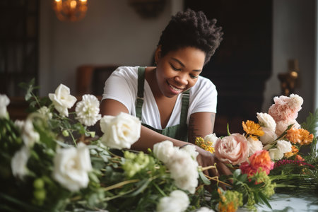 African american florist woman makes a flowers bouquet in floral shopの写真素材