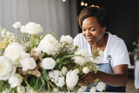 African american florist woman makes a flowers bouquet in floral shopの写真素材