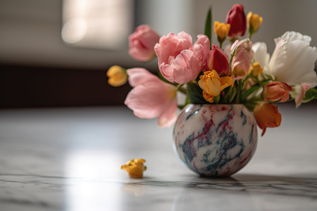 close up floral bouquet in ceramic vase on marble tableの写真素材