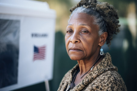 African american old woman casting vote at US polling stationの素材