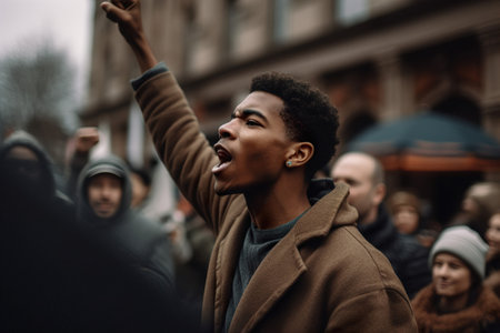 An African-American man with a raised fist protests during an anti-racist protestの素材