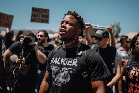 An African-American man with a raised fist protests during an anti-racist protestの素材