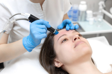 Woman receiving hydrafacial treatment in beauty salonの写真素材