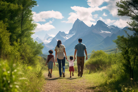 Happy family is hiking the mountains with stunning view during vacationsの素材