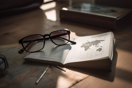 Reading glasses are lying on opened guide tourist bookの素材