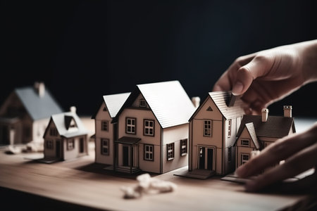 Modern wood house prototype model holding in hands. Dream houseの素材