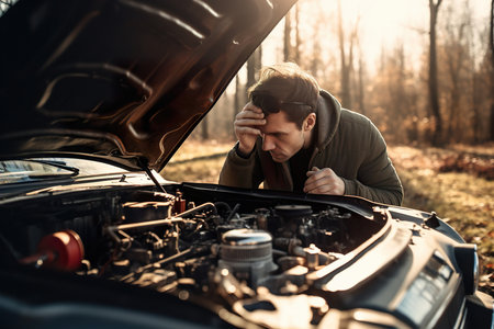 Man has some problems with car engine. Car repair serviceの素材