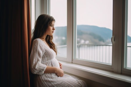 Pregnancy, motherhood. Happy pregnant woman with big belly near house windowの素材