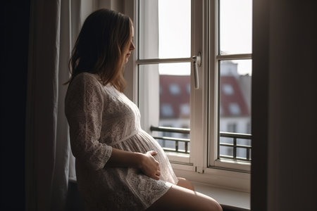 Pregnancy, motherhood. Happy pregnant woman with big belly near house windowの素材