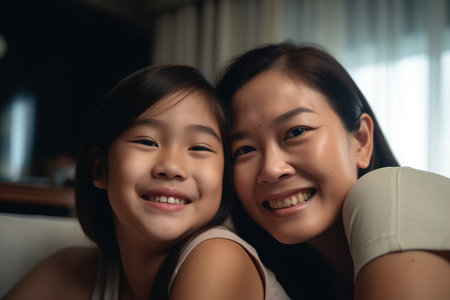 Cheerful asian daughter hugging happy motherの素材
