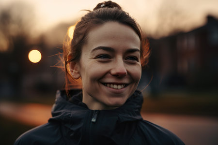 Portrait of female sporty woman running outdoorの素材