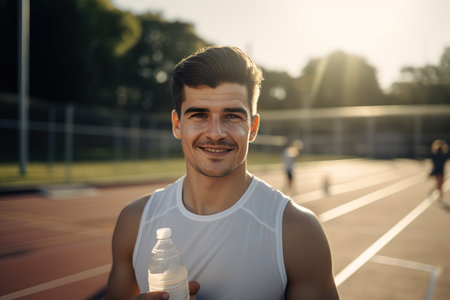 Healthy young person athlete portrait with fresh food in bottleの素材