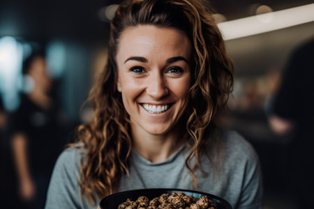 Portrait of sporty and smiling female eating healthy food in kitchenの素材