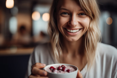 Portrait of sporty and smiling female eating healthy food in kitchenの素材