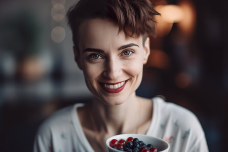 Portrait of sporty and smiling female eating healthy food in kitchenの素材