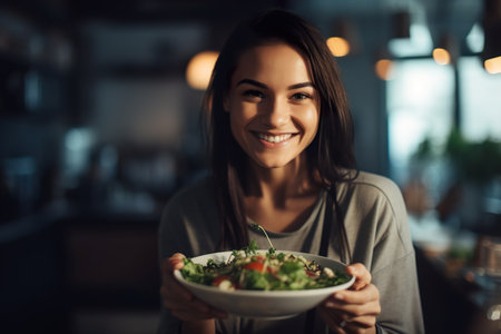 Portrait of sporty and smiling female eating healthy salad with vegetablesの素材