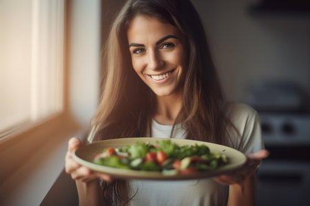 Portrait of sporty and smiling female eating healthy salad with vegetablesの素材