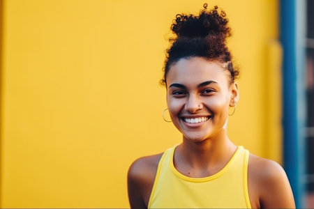 Sporty smiling female in yellow t shirt is running outdoorsの素材
