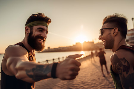 Young friends greet each other while jogging at sunsetの素材
