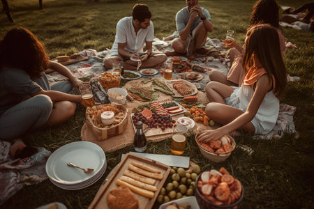 Fresh and healthy food with fruits and vegetables outside in picnicの素材