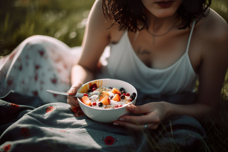 Portrait of sporty and smiling female eating healthy foodの素材