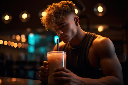 Healthy young man athlete drinks protein shakeの素材