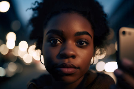 Portrait of young african american female in evening lightsの素材