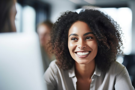 a portrait of lovely woman office worker with curly hairの素材