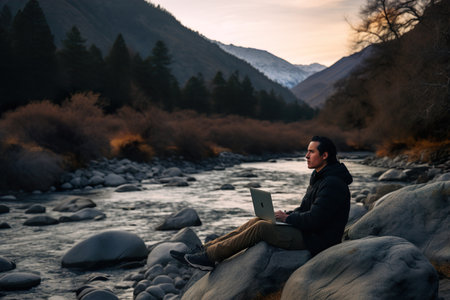 A person is working remotely on a laptop outdoor near riverの素材