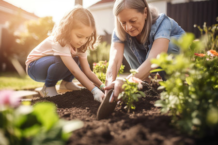 Mother and daughter planting vegetables into soil in the gardenの素材