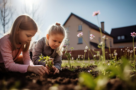 Two girls planting plants in soil in house backyardの素材