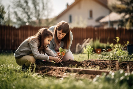 Mother and daughter planting a plant in soilの素材