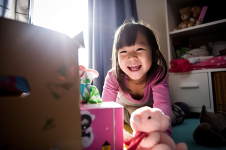 Little cheerful girl is playing with toys in childrens roomの素材