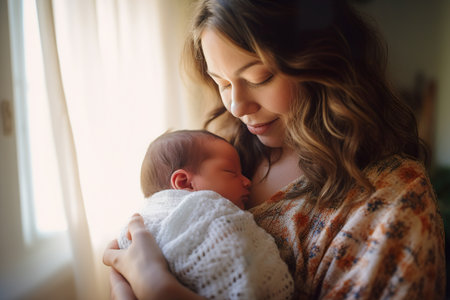 Portrait of young mother holding newborn baby in home with warm ambient lightの素材