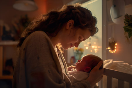 Portrait of young mother holding newborn baby in home with warm ambient lightの素材