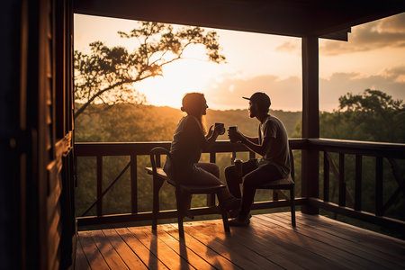 A couple silhouette that are sitting in backyard terrace during sunsetの素材