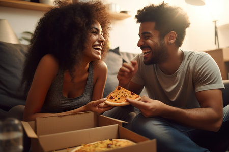 African american cheerful couple are eating pizza at home. Food delivery conceptの素材