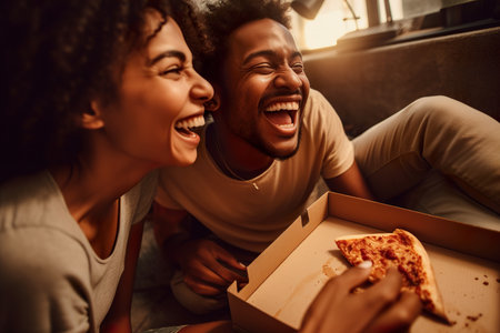 African american cheerful couple are eating pizza at home. Food delivery conceptの素材
