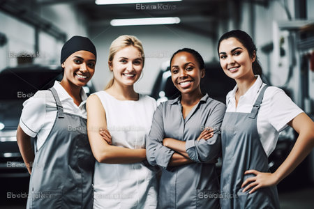 a portrait of female car mechanics of various nationalitiesの素材