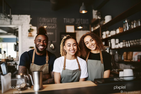 Portraits of barista of various nationalities in coffee shopの素材