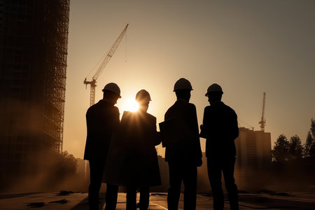 Silhouette of business people near modern building structure during sunsetの素材